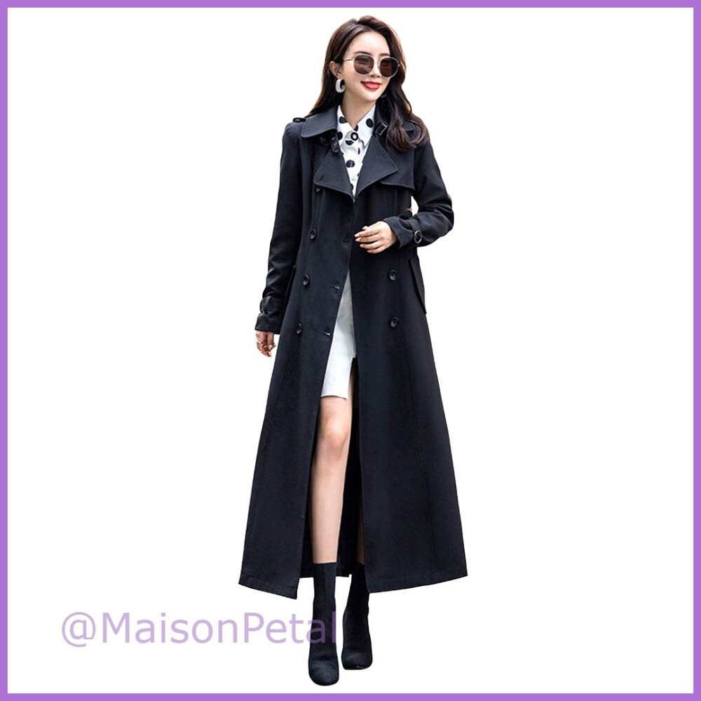 Polyester and Spandex Double Breasted Trench Coat Long Overcoat